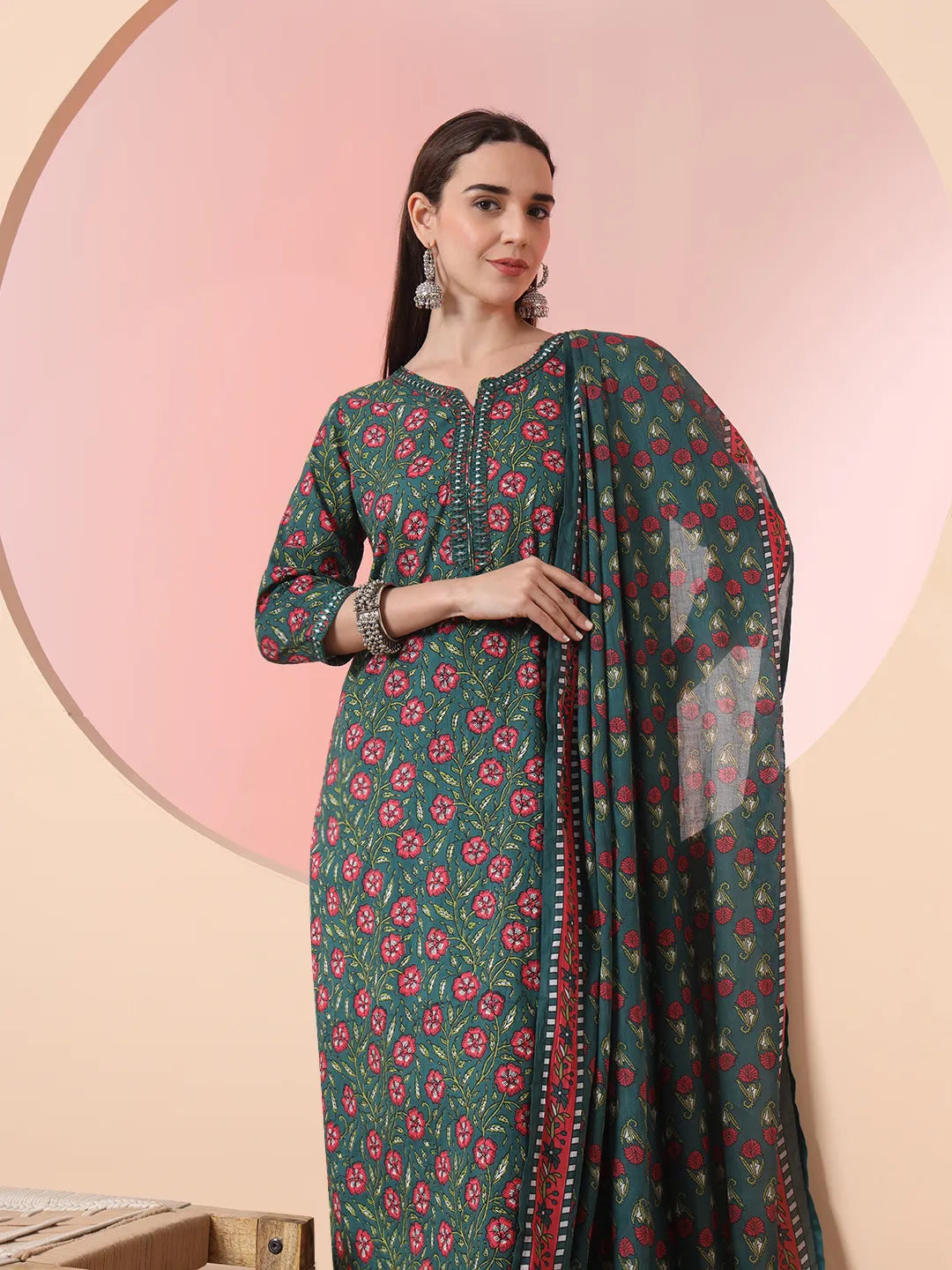 Yufta Green Floral Embroidered Kurta with Trousers with dupatta Set