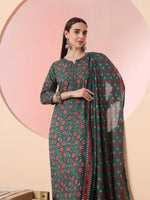Thumbnail for Yufta Green Floral Embroidered Kurta with Trousers with dupatta Set