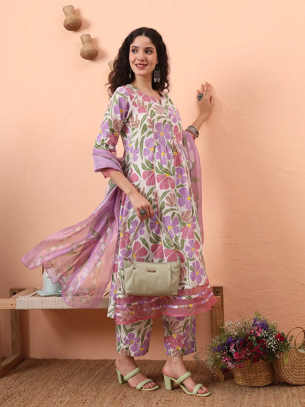 Yufta White And Purple Floral Sequins Work Aline Kurta Trouser Dupatta Set