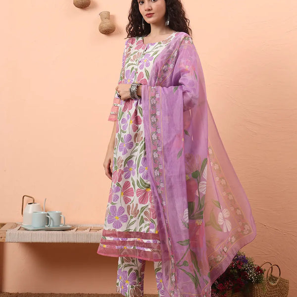 Yufta White And Purple Floral Sequins Work Aline Kurta Trouser Dupatta Set - Distacart