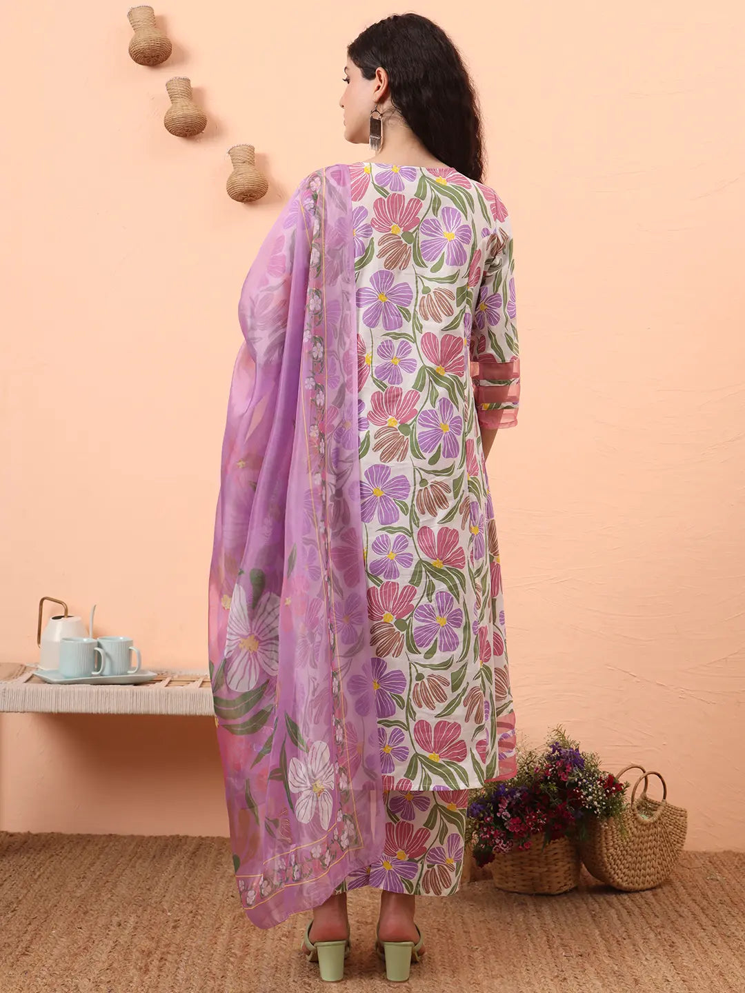 Yufta White And Purple Floral Sequins Work Aline Kurta Trouser Dupatta Set