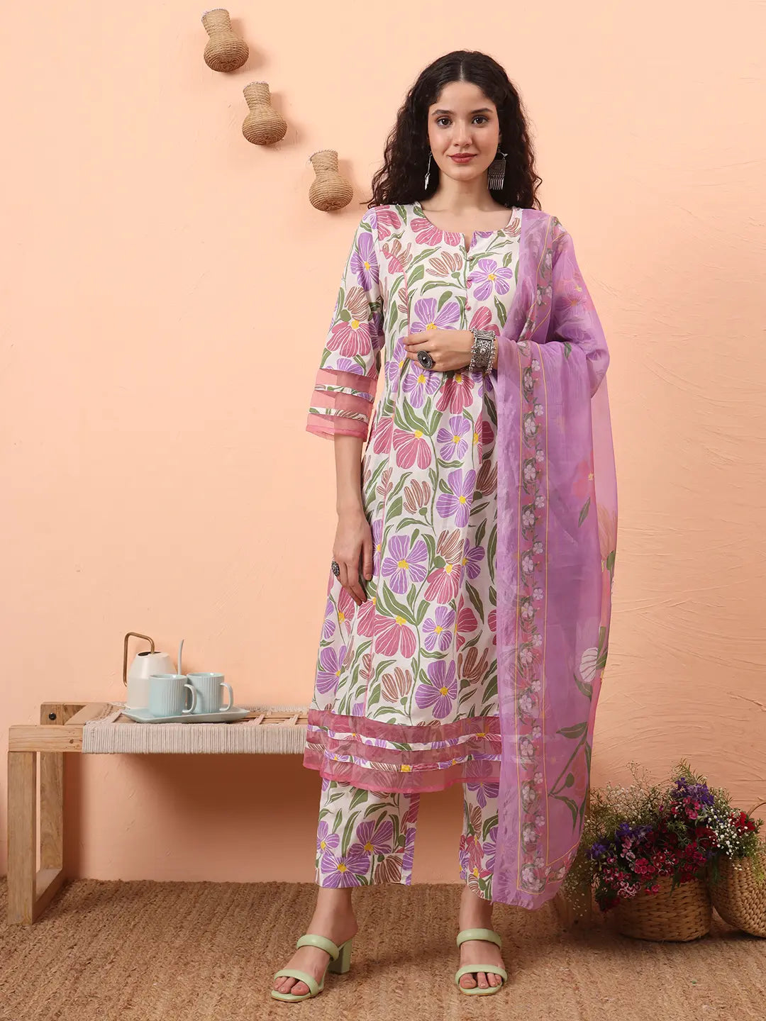Yufta White And Purple Floral Sequins Work Aline Kurta Trouser Dupatta Set