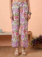 Thumbnail for Yufta White And Purple Floral Sequins Work Aline Kurta Trouser Dupatta Set