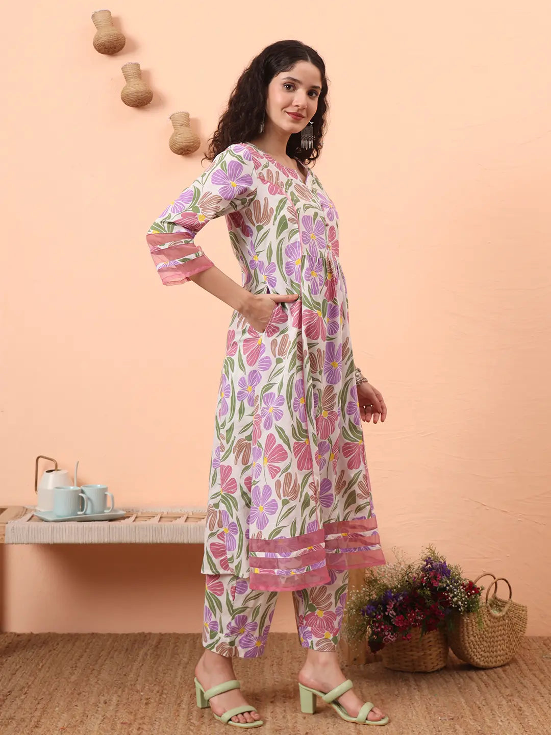 Yufta White And Purple Floral Sequins Work Aline Kurta Trouser Dupatta Set