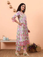 Thumbnail for Yufta White And Purple Floral Sequins Work Aline Kurta Trouser Dupatta Set