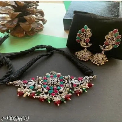 Tehzeeb Creations Women's Oxidised Multi Colour Meenakari Necklace Set - Distacart
