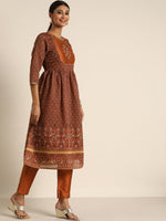 Thumbnail for All About You Women Rust Floral Printed Empire Kurta with Trousers - Distacart