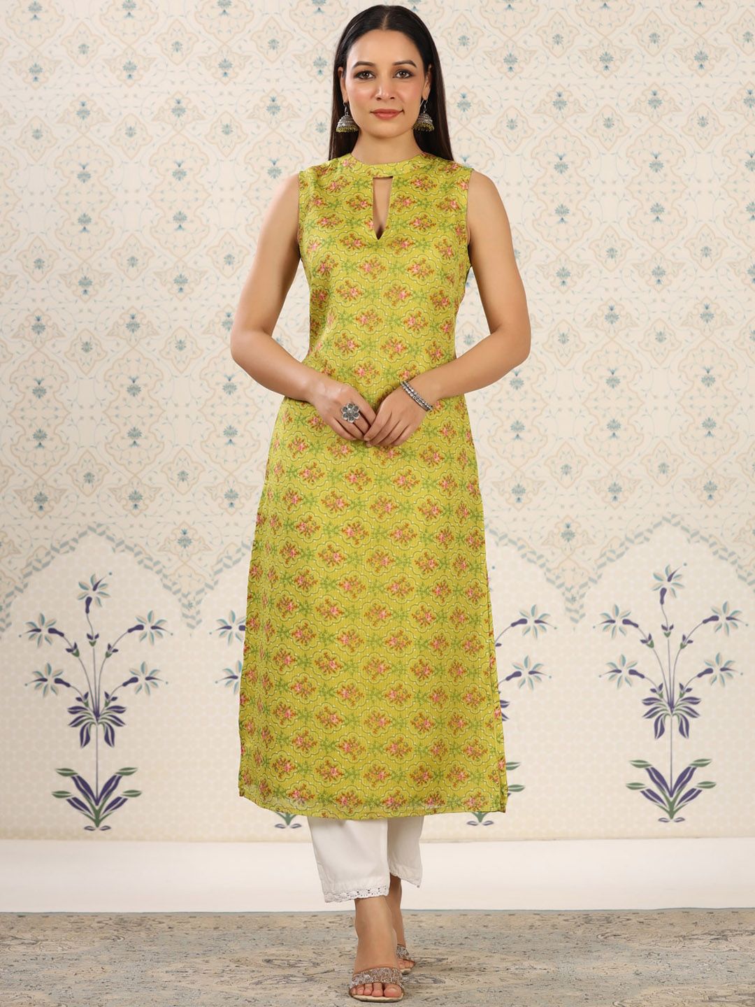Ode by House of Pataudi Green Floral Printed Keyhole Neck Straight Kurta - Distacart