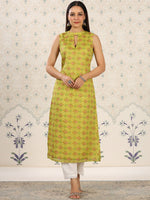 Thumbnail for Ode by House of Pataudi Green Floral Printed Keyhole Neck Straight Kurta - Distacart
