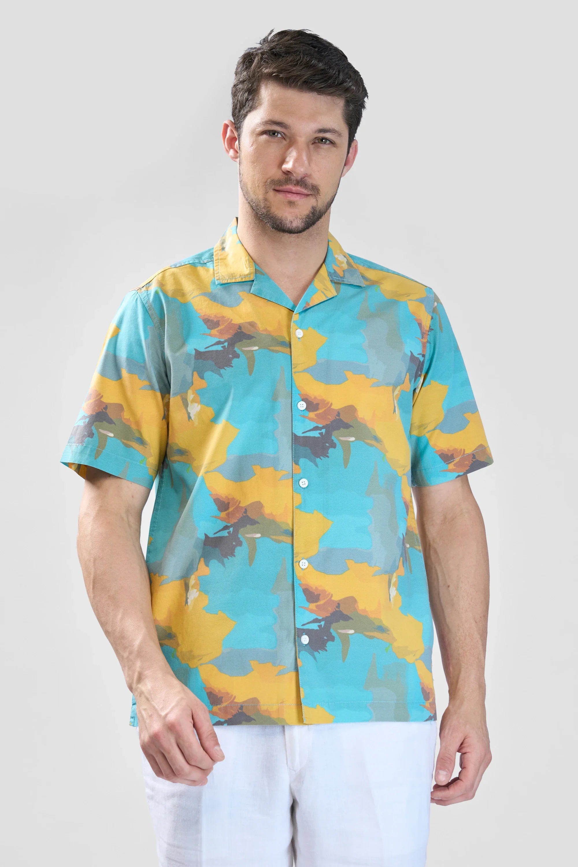 Xkind Teal Blue Abstract Printed Relaxed Fit Shirt