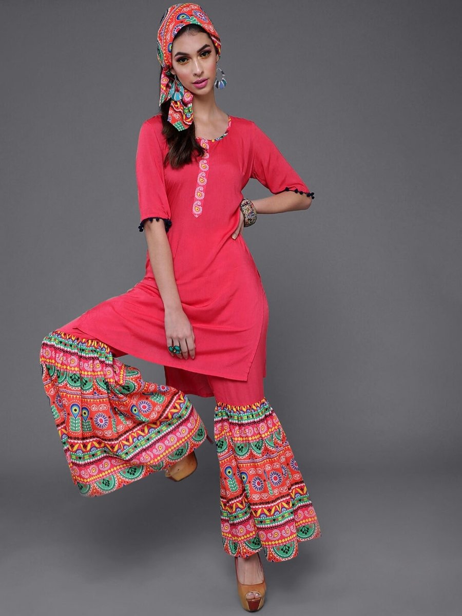Aks Ethnic Motifs Printed Straight Kurta With Sharara - Distacart