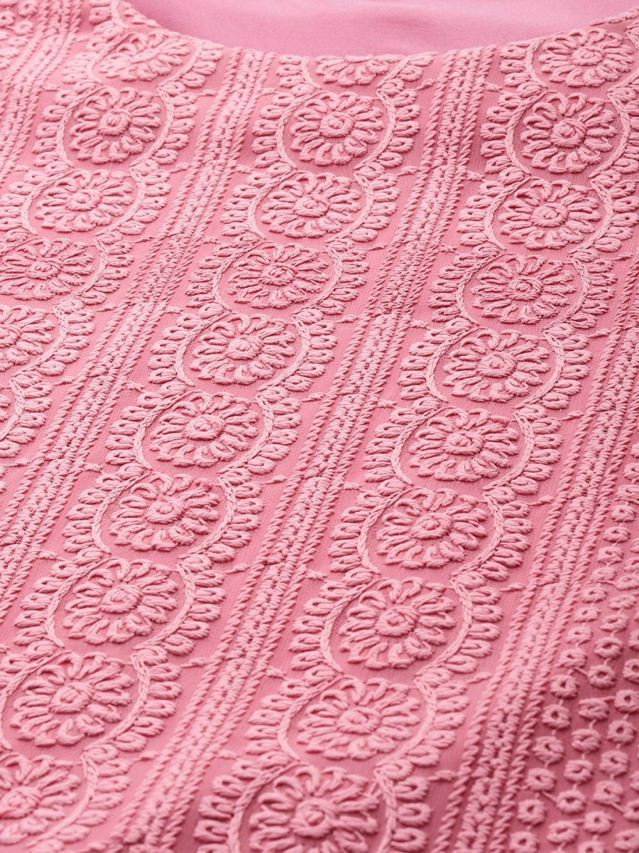 Anouk Women Pink Chikankari Embroidered Kurta with Palazzos - Distacart