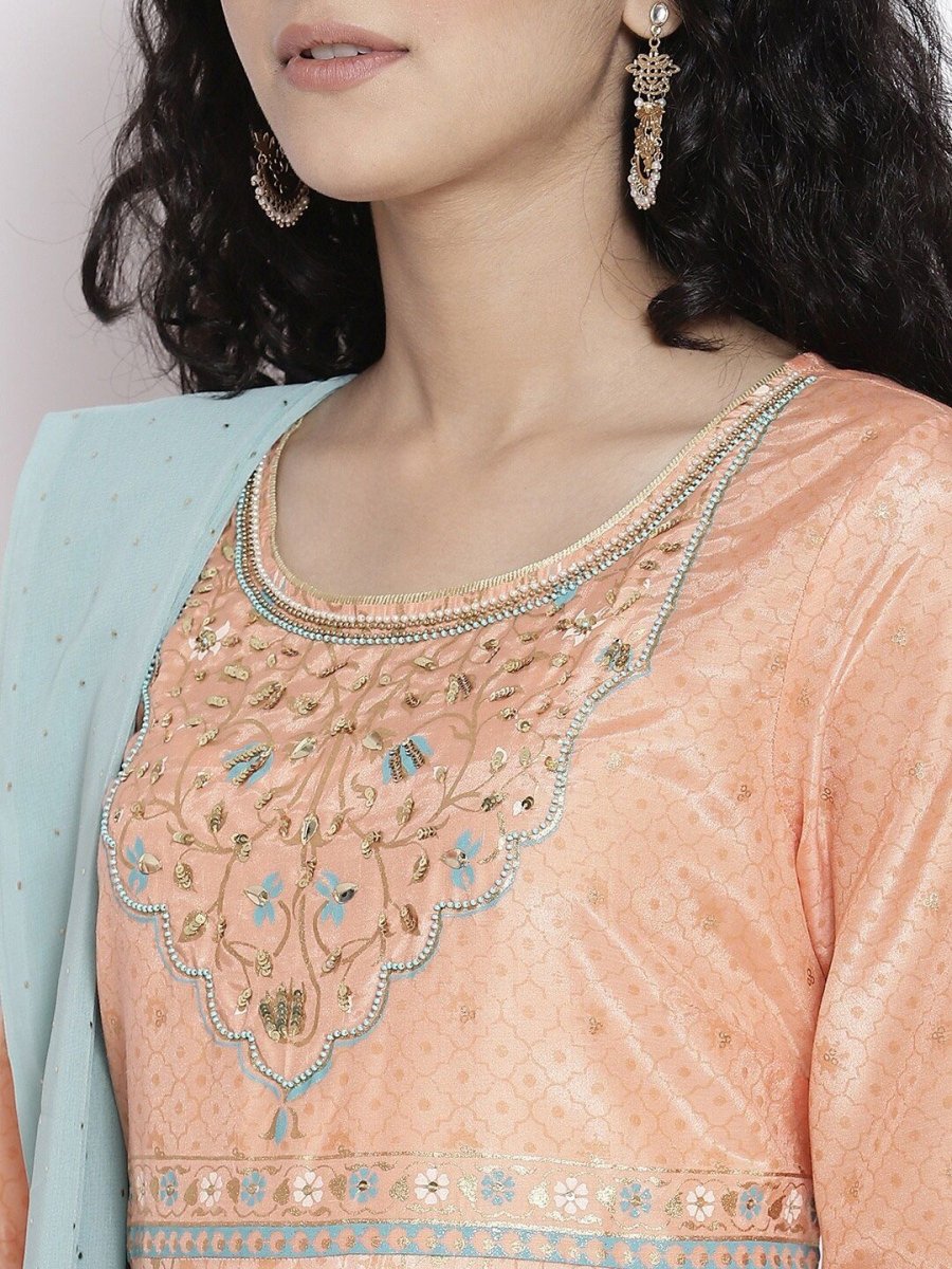 AURELIA Ethnic Motifs Print Round Neck A-Line Maxi Dress With Dupatta - Distacart