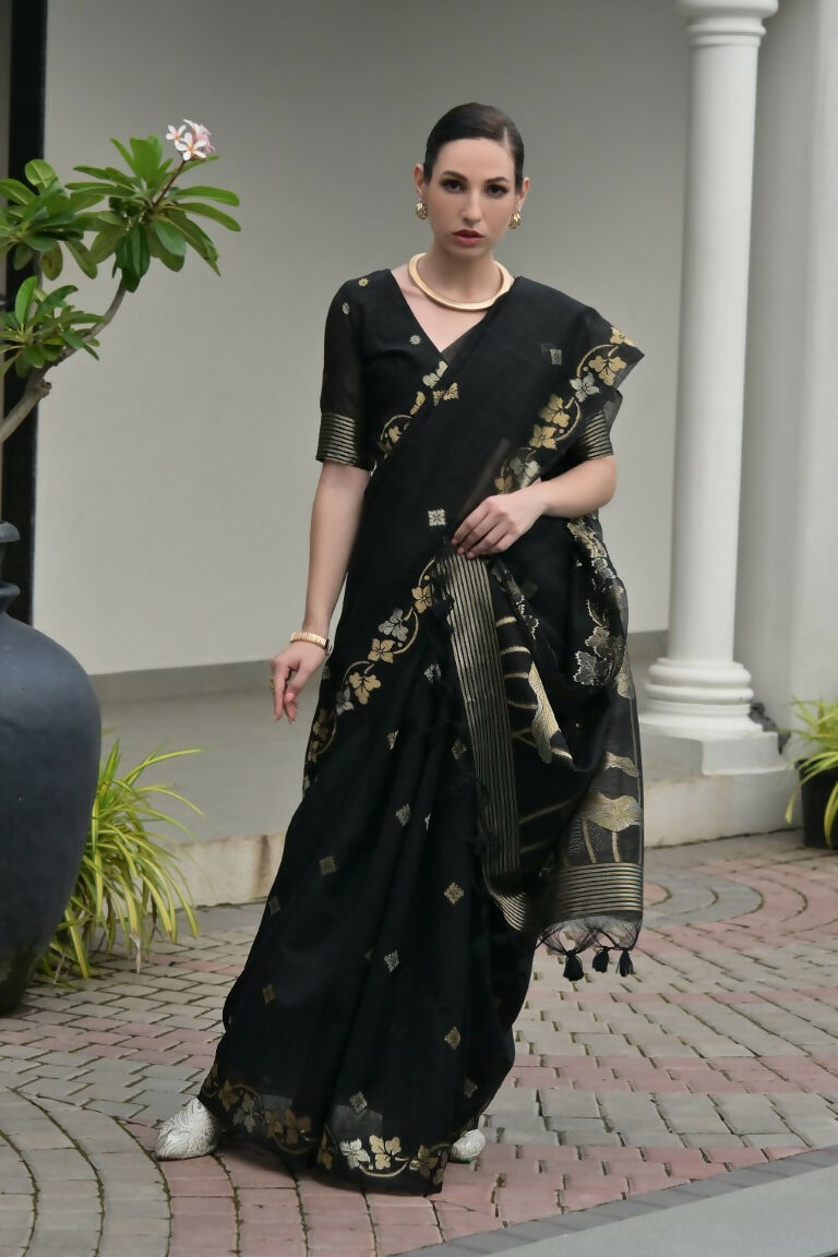 Vishnu Weaves Women's Black Linen Silk Zari Weaving Saree with Blouse