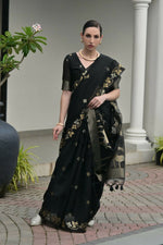 Thumbnail for Vishnu Weaves Women's Black Linen Silk Zari Weaving Saree with Blouse