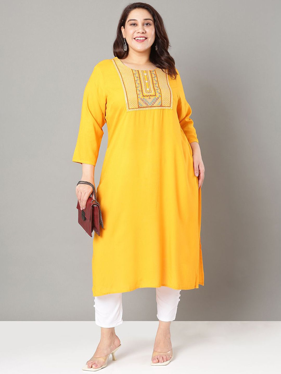 Sztori Floral Embroidered Yoke Design Sequined Straight Kurta - Distacart