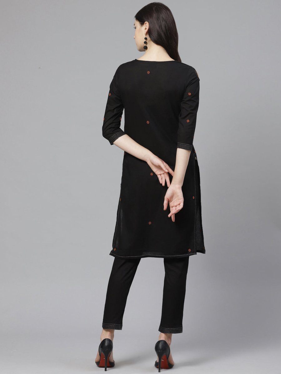 ADA Women Black & Rust Orange Chikankari Embroidered Sustainable Handloom Kurta with Trousers - Distacart