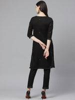 Thumbnail for ADA Women Black & Rust Orange Chikankari Embroidered Sustainable Handloom Kurta with Trousers - Distacart