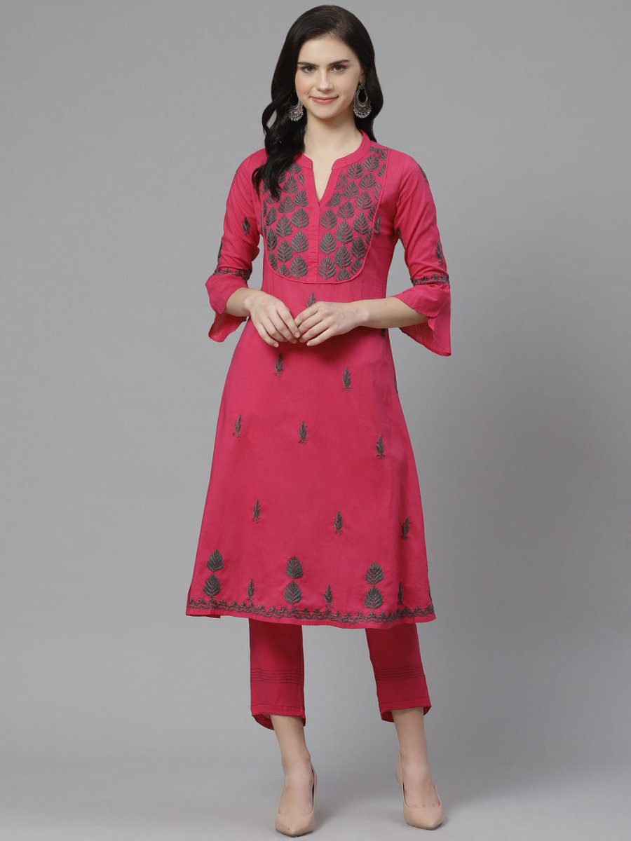 ADA Women Pink & Charcoal Grey Chikankari Embroidered Sustainable Handloom Kurta with Trousers - Distacart