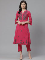 Thumbnail for ADA Women Pink & Charcoal Grey Chikankari Embroidered Sustainable Handloom Kurta with Trousers - Distacart