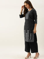 Thumbnail for All About You Women Black & Grey Striped Keyhole Neck Kurta with Palazzos & Dupatta - Distacart