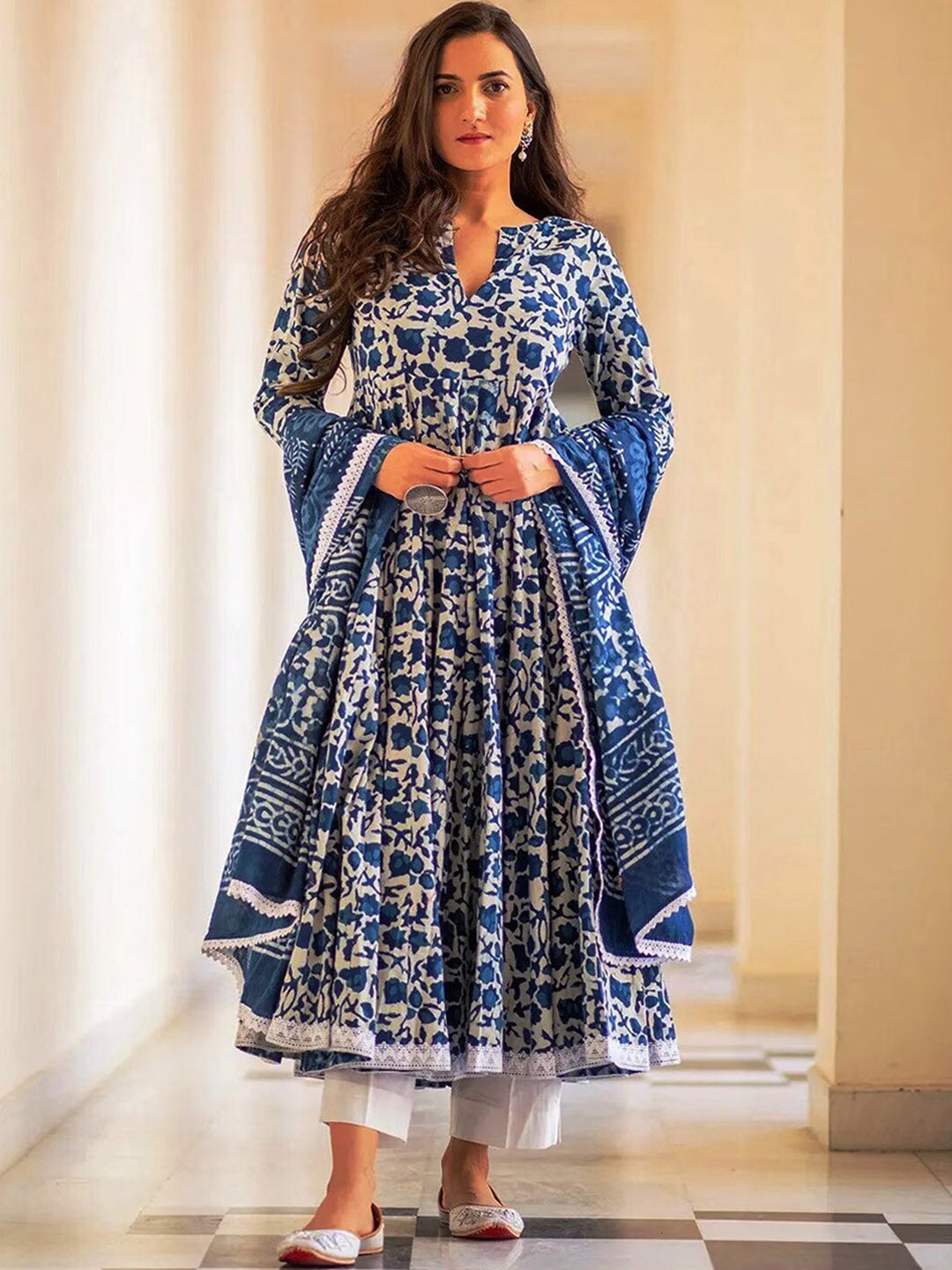 Kalini Floral Printed Regular Anarkali Kurta with Trousers & With Dupatta - Distacart