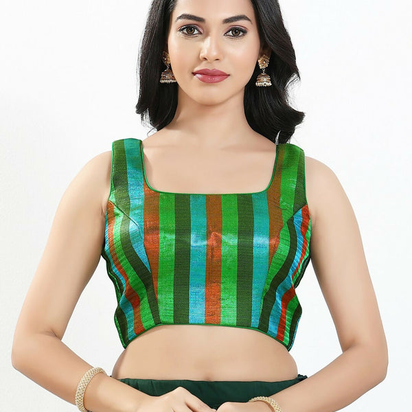 Joban Fashion Green Multi Brocade Padded Blouse With Square Neck Sleeveless