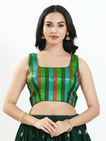 Thumbnail for Joban Fashion Green Multi Brocade Padded Blouse With Square Neck Sleeveless
