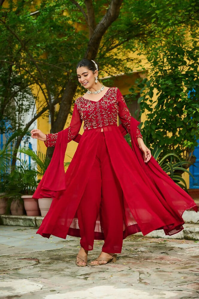 Joban Fashion Maroon Readymade Kurta Set With Sequence embroidery Work - Distacart