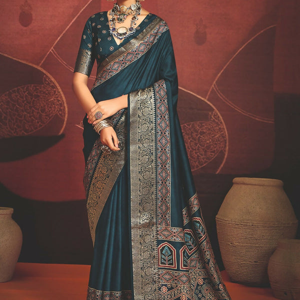 Joban Fashion Teal Blue Art Silk With Fine Viscose Border Ajrak Full Body Print With Soft Finish Saree - Distacart