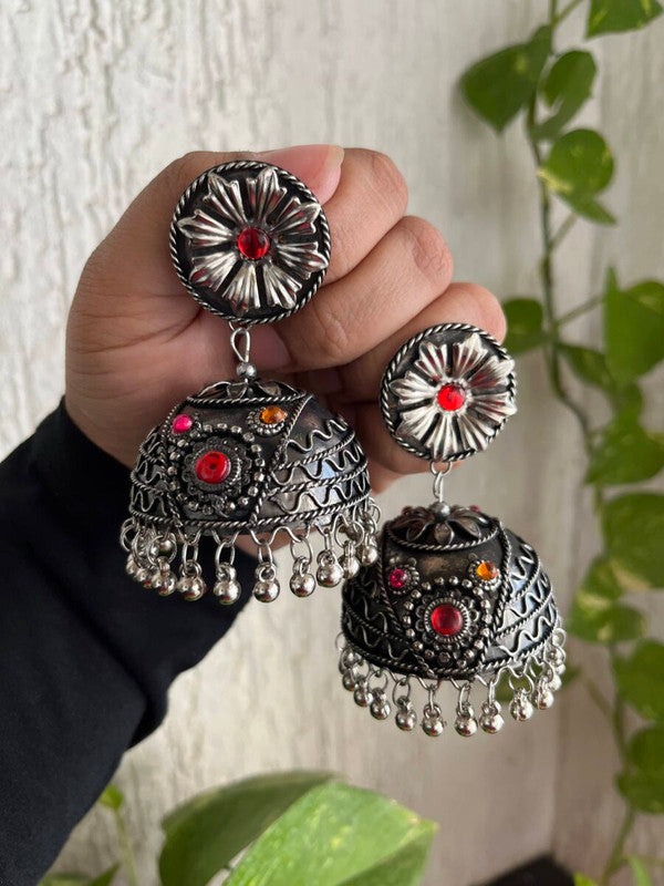 Tehzeeb Creations Women's Oxidised Bareilly Wali Jhumki With Multi Kundan - Distacart