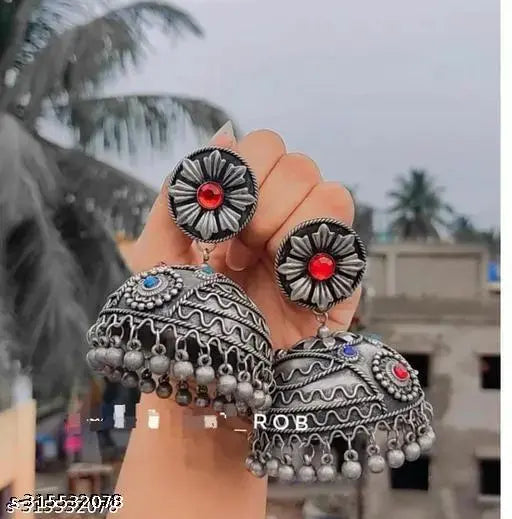 Tehzeeb Creations Women's Oxidised Bareilly Wali Jhumki With Multi Kundan - Distacart