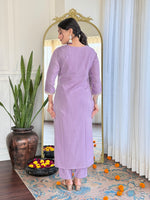 Thumbnail for The52 Women's Lavender Embroidered Viscose Fabric Straight Kurta, Pant and Dupatta Set