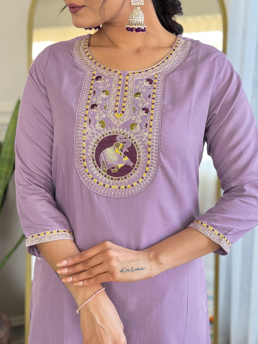 The52 Women's Lavender Embroidered Viscose Fabric Straight Kurta, Pant and Dupatta Set