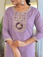 Thumbnail for The52 Women's Lavender Embroidered Viscose Fabric Straight Kurta, Pant and Dupatta Set