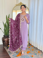 Thumbnail for The52 Women's Lavender Embroidered Viscose Fabric Straight Kurta, Pant and Dupatta Set