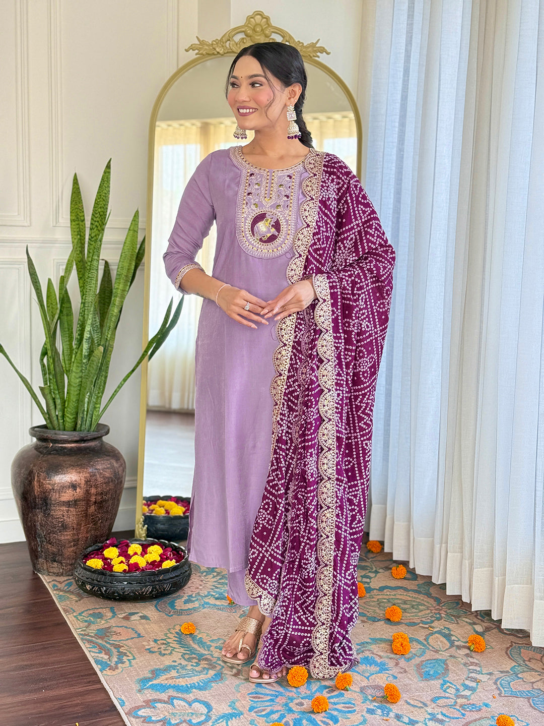 The52 Women's Lavender Embroidered Viscose Fabric Straight Kurta, Pant and Dupatta Set
