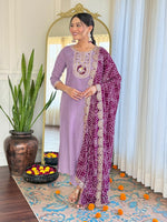 Thumbnail for The52 Women's Lavender Embroidered Viscose Fabric Straight Kurta, Pant and Dupatta Set