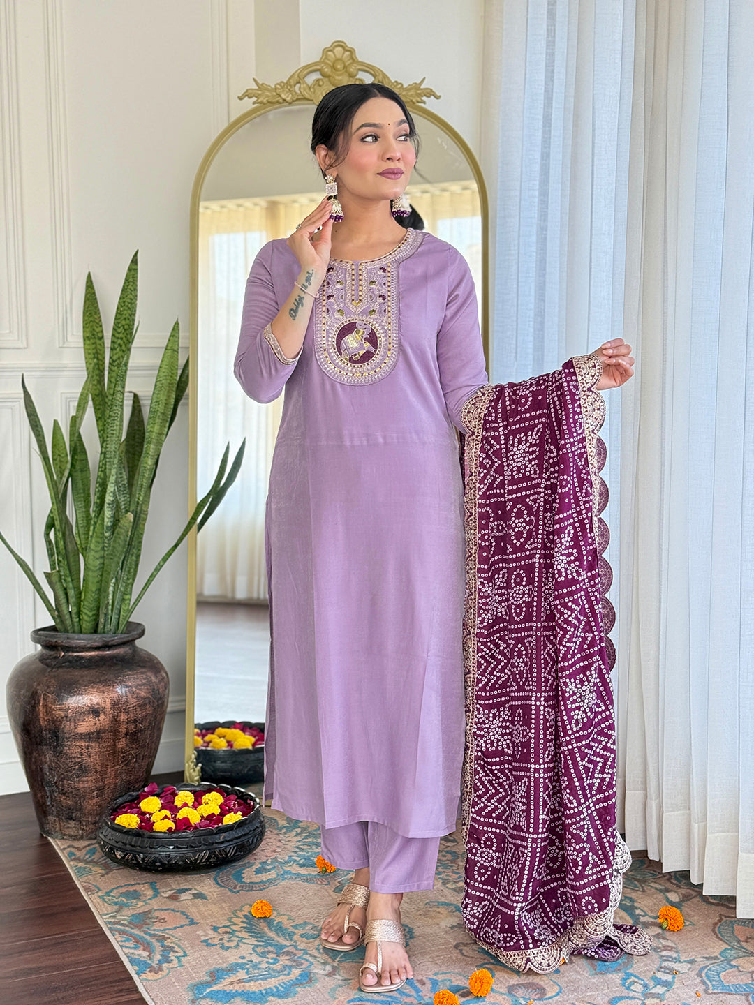 The52 Women's Lavender Embroidered Viscose Fabric Straight Kurta, Pant and Dupatta Set