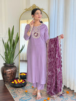 Thumbnail for The52 Women's Lavender Embroidered Viscose Fabric Straight Kurta, Pant and Dupatta Set