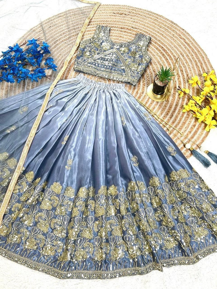 Evanik Grey Designer Sequence Embroidered Work Wedding Kids Lehenga Choli - Dista