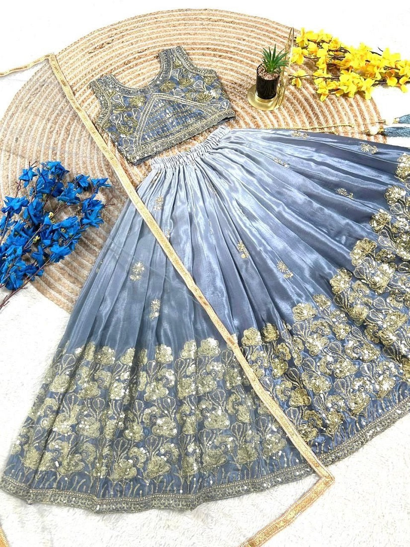 Evanik Grey Designer Sequence Embroidered Work Wedding Kids Lehenga Choli - Dista