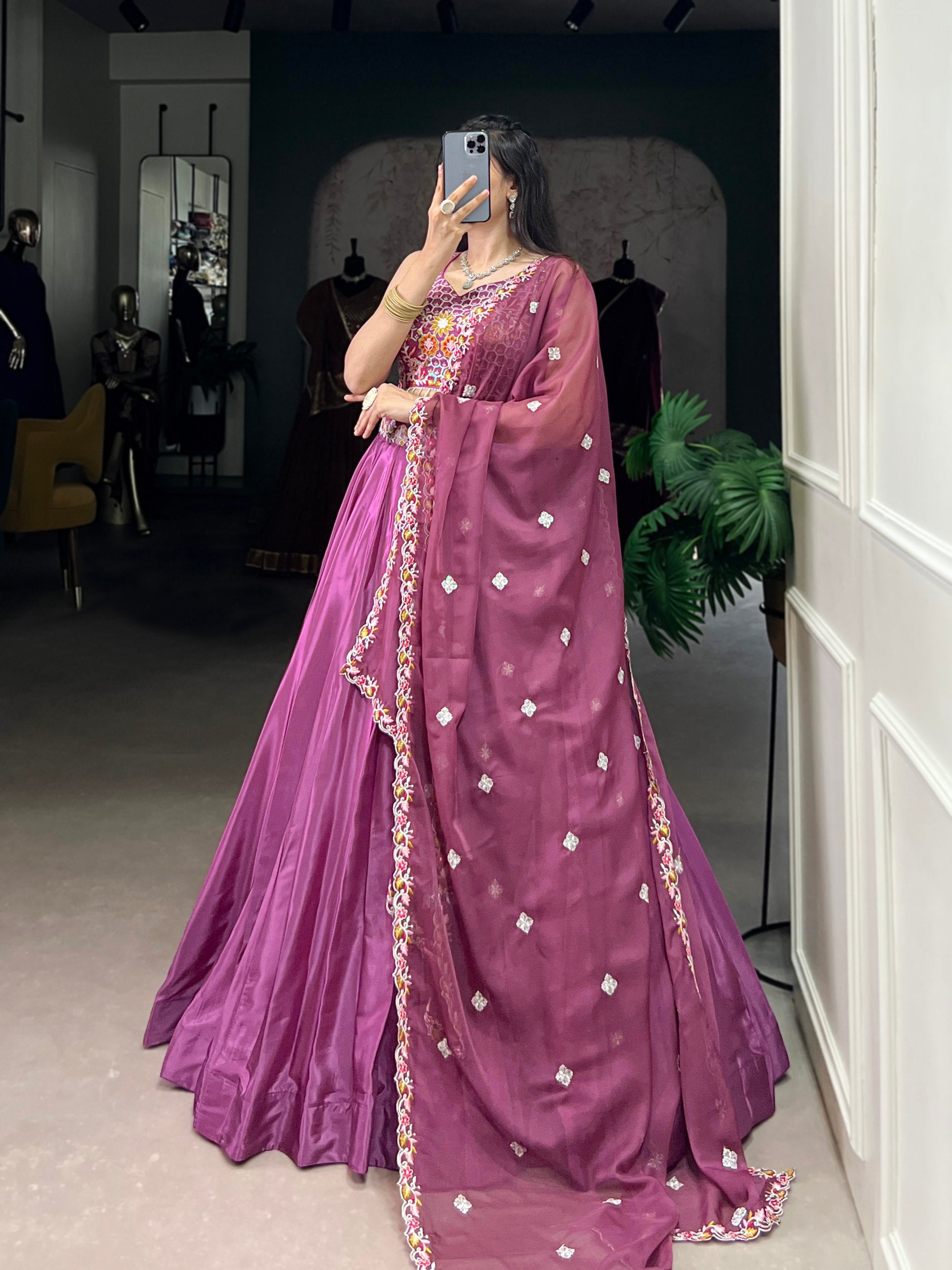 Pramukh Fab Plum Color Silk Crepe Lehenga Choli
