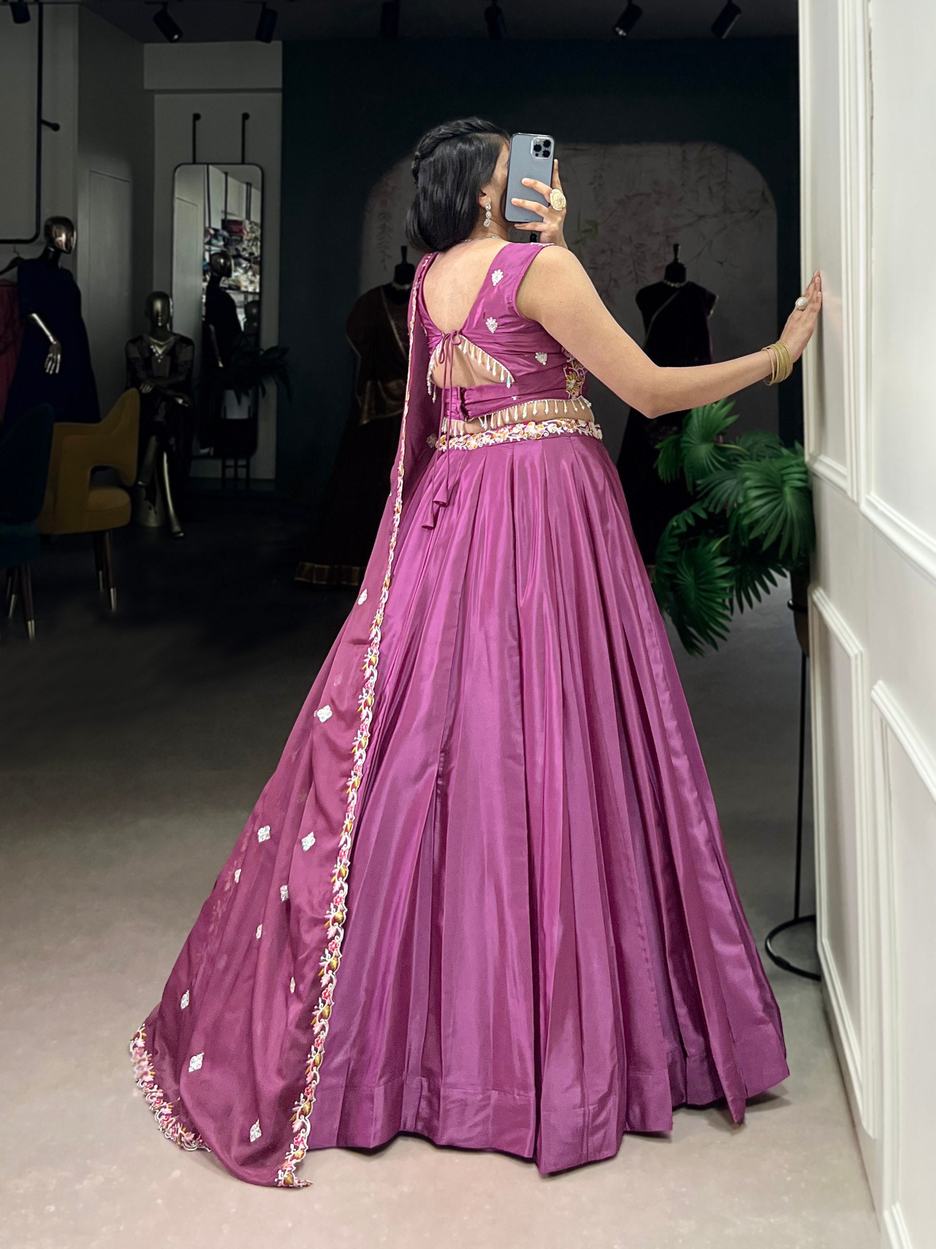 Pramukh Fab Plum Color Silk Crepe Lehenga Choli