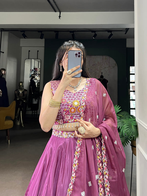 Pramukh Fab Plum Color Silk Crepe Lehenga Choli