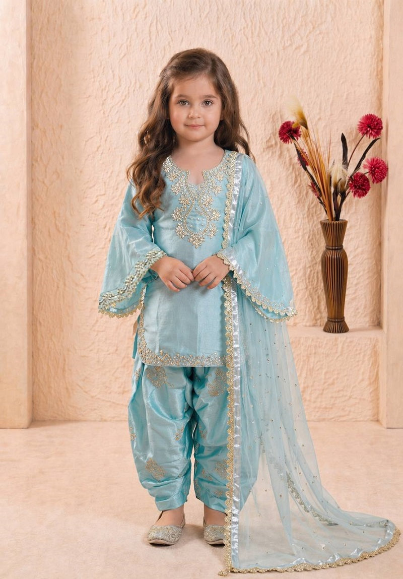 Evanik Blue Designer Party Wear Heavy Silk Kids Top Farshi Palazzo & Dupatta Set - Dista