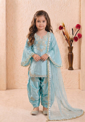 Evanik Blue Designer Party Wear Heavy Silk Kids Top Farshi Palazzo & Dupatta Set - Dista