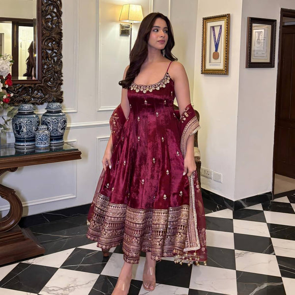 Yash Enterprise Maroon Vichitra Silk Embroidery Party Wear Uit Set - Distacart