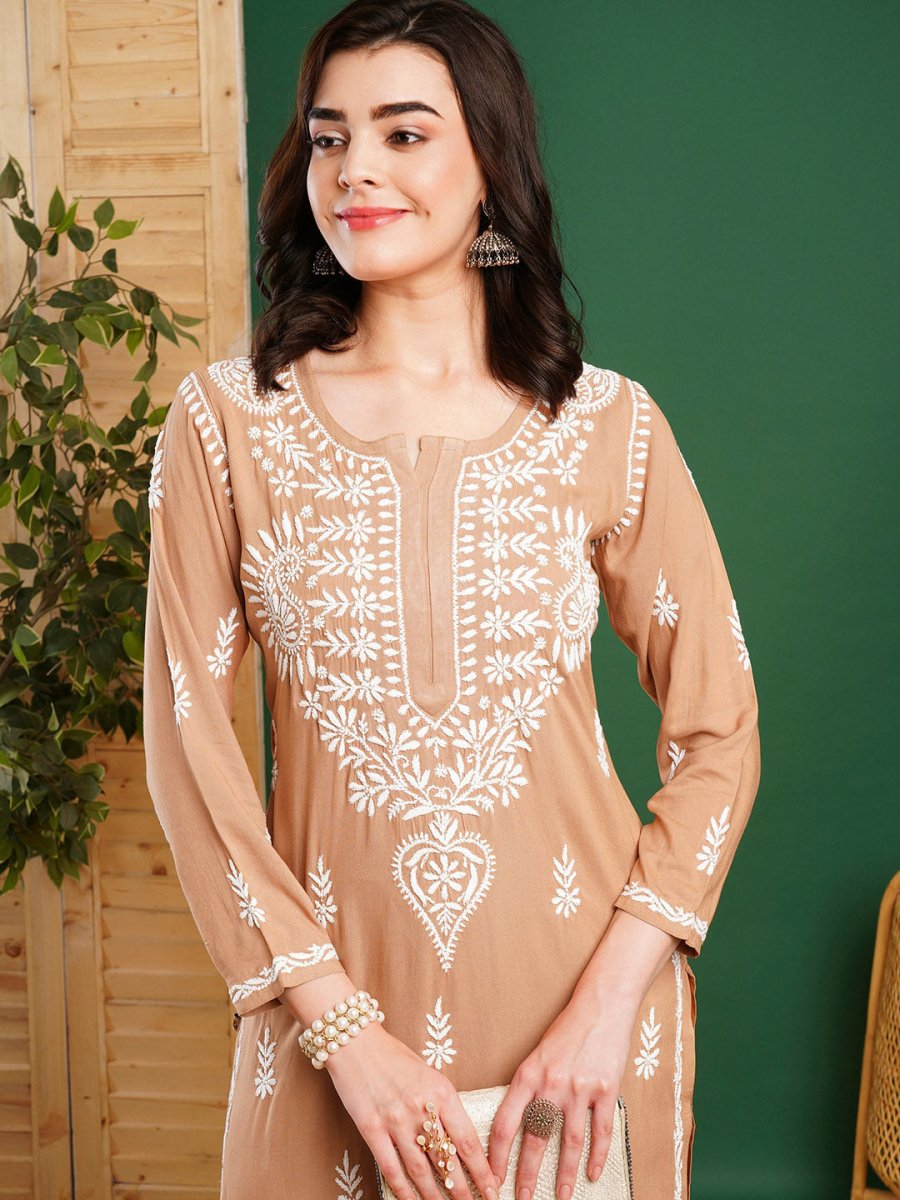 ADA Ethnic Motifs Embroidered Chikankari Kurta with Trousers - Distacart