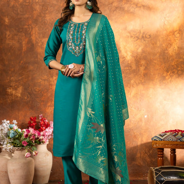 Pramukh Fab Sea Green Color Marina Silk Kurta Set - Distacart